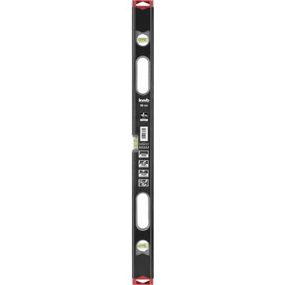 Spirit level with two vials for measuring horizontal and vertical alignment, black plastic casing with red ends.