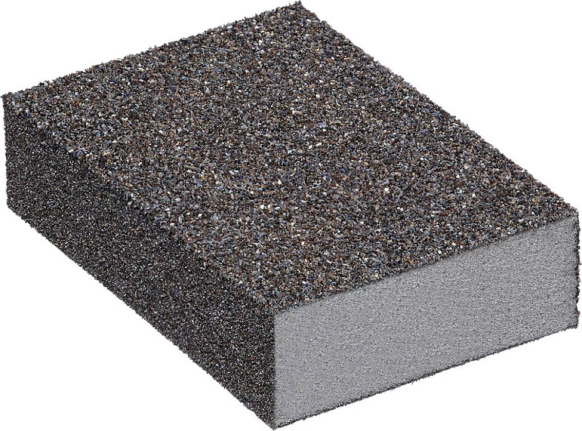 A rectangular sanding block with a rough, grainy surface, grey in colour; used for sanding and smoothing surfaces.