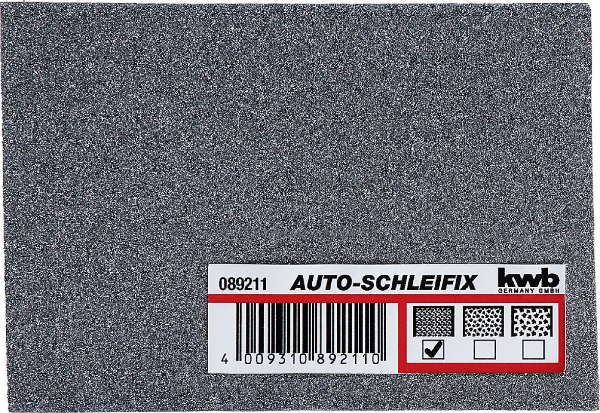 Rectangular sanding pad with the label 'Auto-Schleifix', barcode and sample examples, suitable for sanding work.