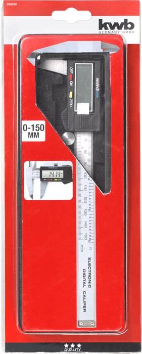 Electronic Digital Calliper 0-150 mm by kwb in packaging; silver scale and digital display visible.