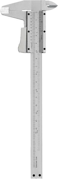 A silver vernier calliper with main and vernier scales for precise measurement of internal, external, and depth dimensions.