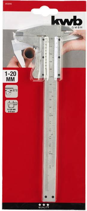 Packaging for a metal calliper measuring 1-20 mm with graduated scale. Printed with 'kwb GmbH'. Measuring tool for precise diameter measurements.