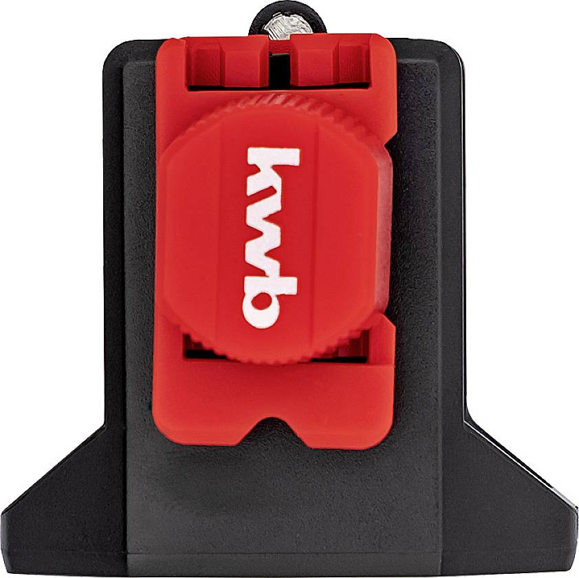 A red clamping element with the inscription 'kwb', installed in a black and grey plastic mounting bracket.