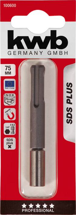 Packaging of an SDS Plus drill adapter by the brand kwb, 75 mm in length, with various test seals and symbols indicating product characteristics.