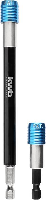 A magnetic bit holder with a blue metal head, marked with 'PAT.', and a separate, smaller bit attachment.