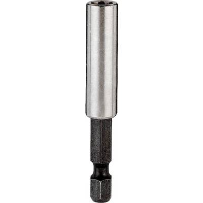 Silver bit adapter for screwdriver, hexagonal base, suitable for securing bits in power tools.