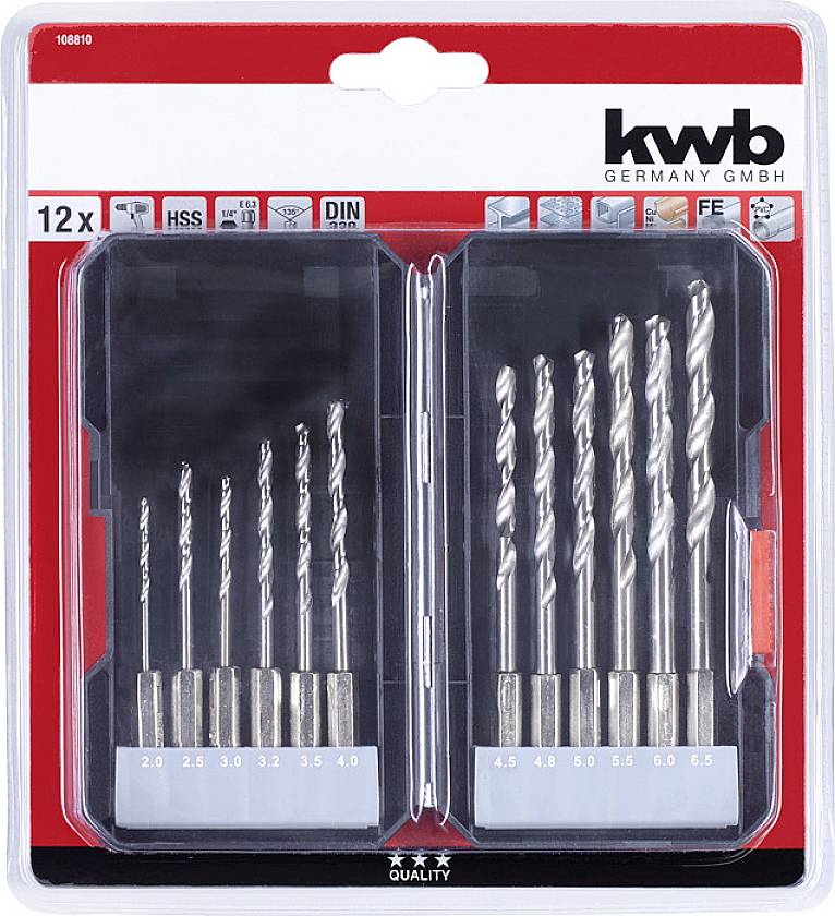 Set of 12 metal drill bits from 2.0 to 6.5 mm, arranged in two rows in a plastic case, suitable for HSS drilling.
