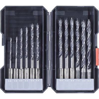 'Set of metal drill bits in an open plastic case, arranged by size from 3.0 to 8.0 mm, with two rows visible.'