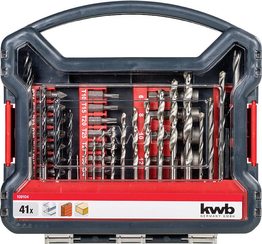 Drill set in a plastic case with drill bits of various sizes. Labelled 'kwb Germany GmbH'. Contains 41 pieces.