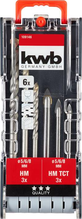 'kwb Germany GmbH' Drill Bit Set with 6 Masonry Drill Bits: 3x Ø5/6/8 mm, Tungsten Carbide, Grey Packaging with Transparent Lid and Red Handle.