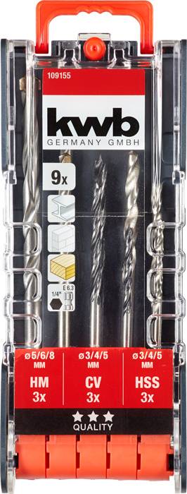 Drill bit attachment set by 'kwb Germany GmbH', comprising three attachments in various sizes, packaged in a transparent box.