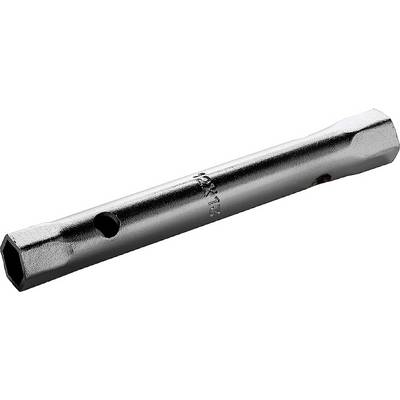 A metal double-ended spanner made of polished steel with hexagonal ends and holes for a cross handle. Suitable for installation and removal of screws or nuts.