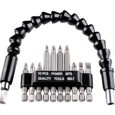 A set of ten different screwdriver bits with a flexible extension attachment. Ideal for hard-to-reach places.