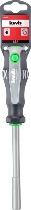 Screwdriver with ergonomic handle and magnetic tip. Packaging displays the 'kwb' logo.