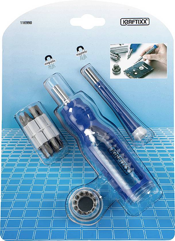 Screwdriver set with bits and extensions by 'Kraftixx', blue design, for electronic repairs, on grid background.