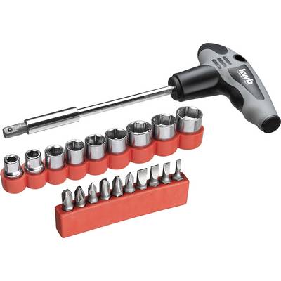 A T-handle screwdriver set with various sockets and bits, arranged on red holders. Ideal for driving screws.