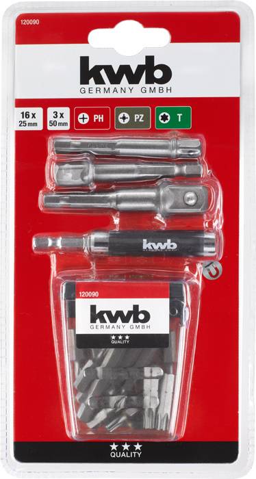 Packaging with screwdriver bits and holder. Contains 16 pieces, including PH, PZ and T bits. Brand: kwb Germany GmbH.