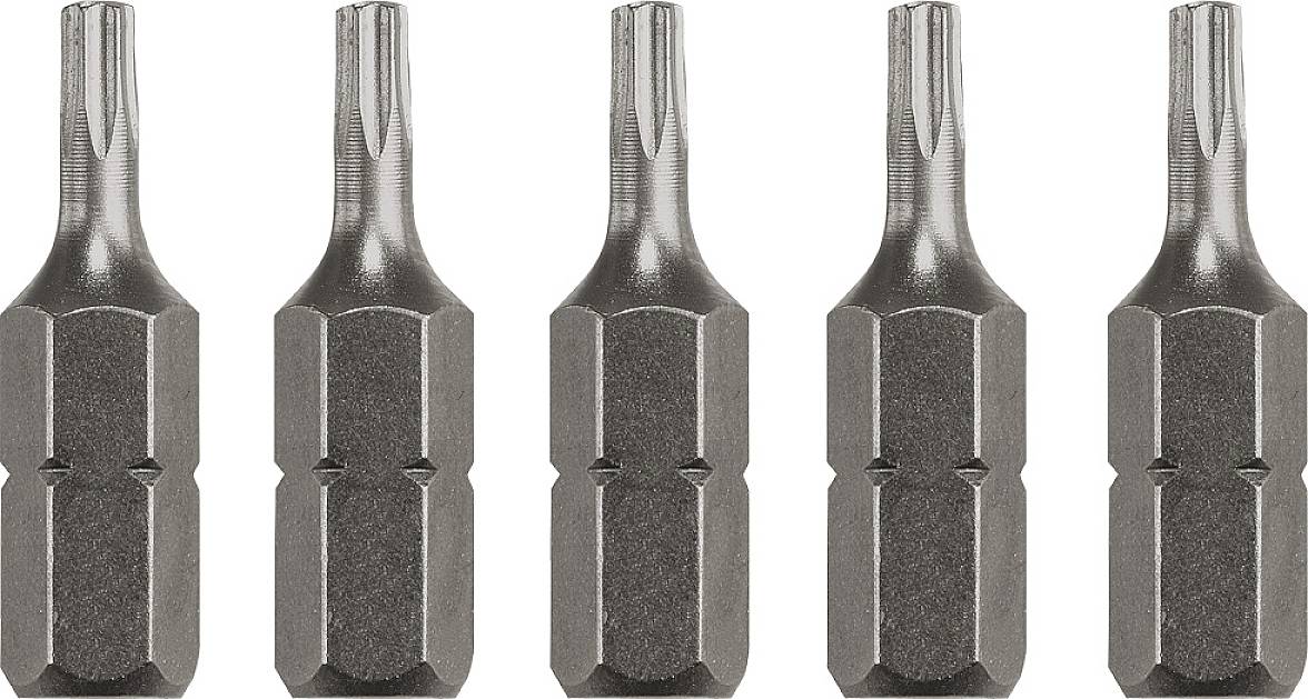 Five identical screwdriver bits arranged in a row, metallic and shiny, suitable for screws with a Torx head.
