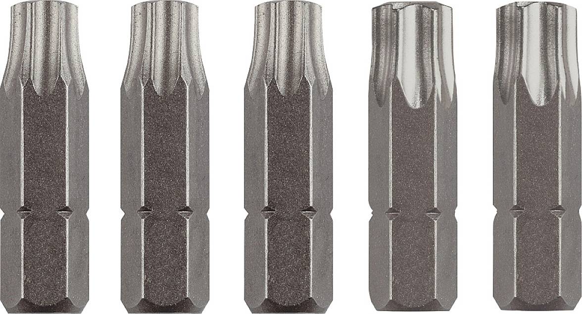 Five identical, dark screw bits with ribbed ends, standing side by side. They are designed for tightening screws.