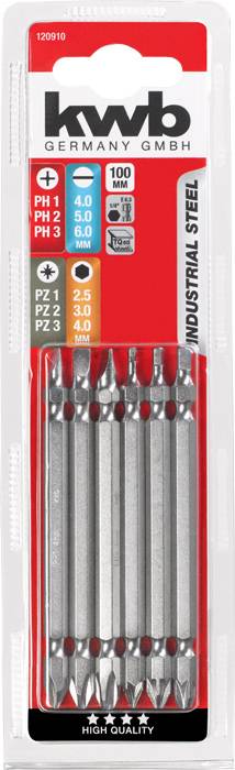 'kwb GERMANY GMBH' Screwdriver Bit Set, 10 Bits, including PH1 to PH3, PZ1 to PZ3, Sizes 2.5 to 6.0 mm, Industrial Steel.