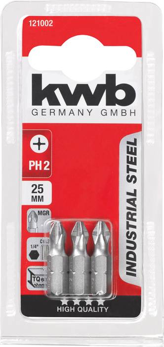 'Three PH2 screwdriver bits made from industrial steel, 25 mm in length, suitable for machine work. Packaged by KWB Germany GmbH.'
