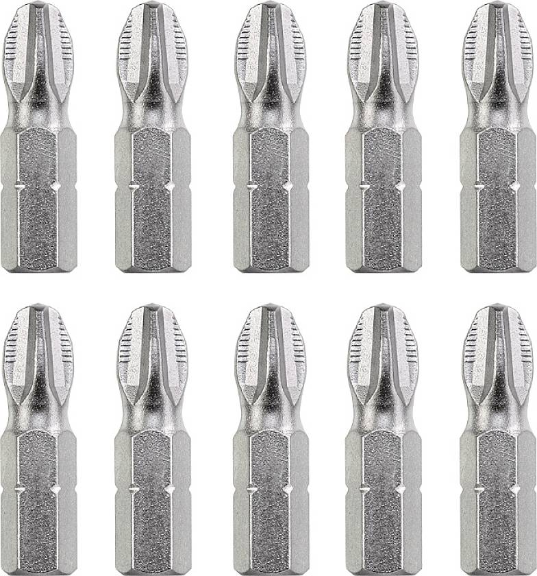 Ten silver screwdriver bits with a slotted head, evenly arranged in two rows, on a white background.