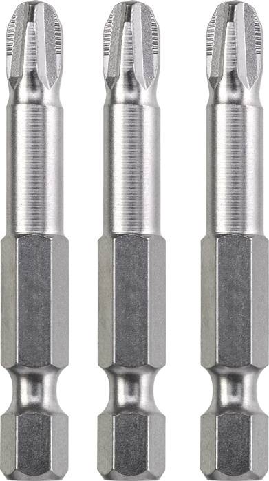 Three identical Phillips screwdriver bits, standing upright side by side.