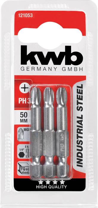 'Three PH3 screwdriver bits in plastic packaging. Length: 50 mm. Brand: kwb. Material: Industrially refined steel. High quality.'