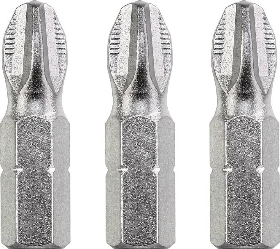 Three silver cross-head screwdriver bits lined up closely together.