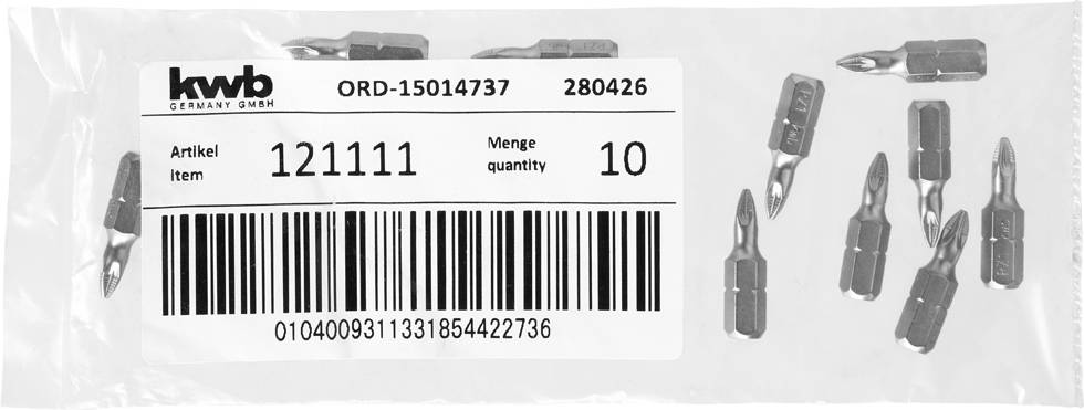 Plastic bag with bit set from 'kwb Germany GmbH', 10 pieces, item number 121111, printed alongside item number and barcode.