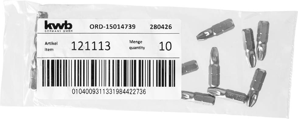 'Plastic bag with black screwdriver bits. Label shows item number 121113 and quantity 10. Contains barcode.'