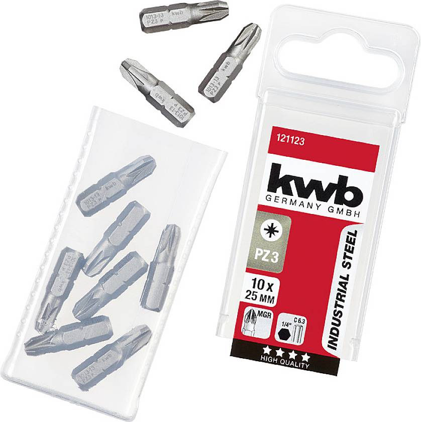 'kwb Germany GmbH' Screwdriver Bit Set, 10 Pieces, Size PZ3, 25 mm Length, Made from Industrial Steel in Transparent Plastic Packaging.