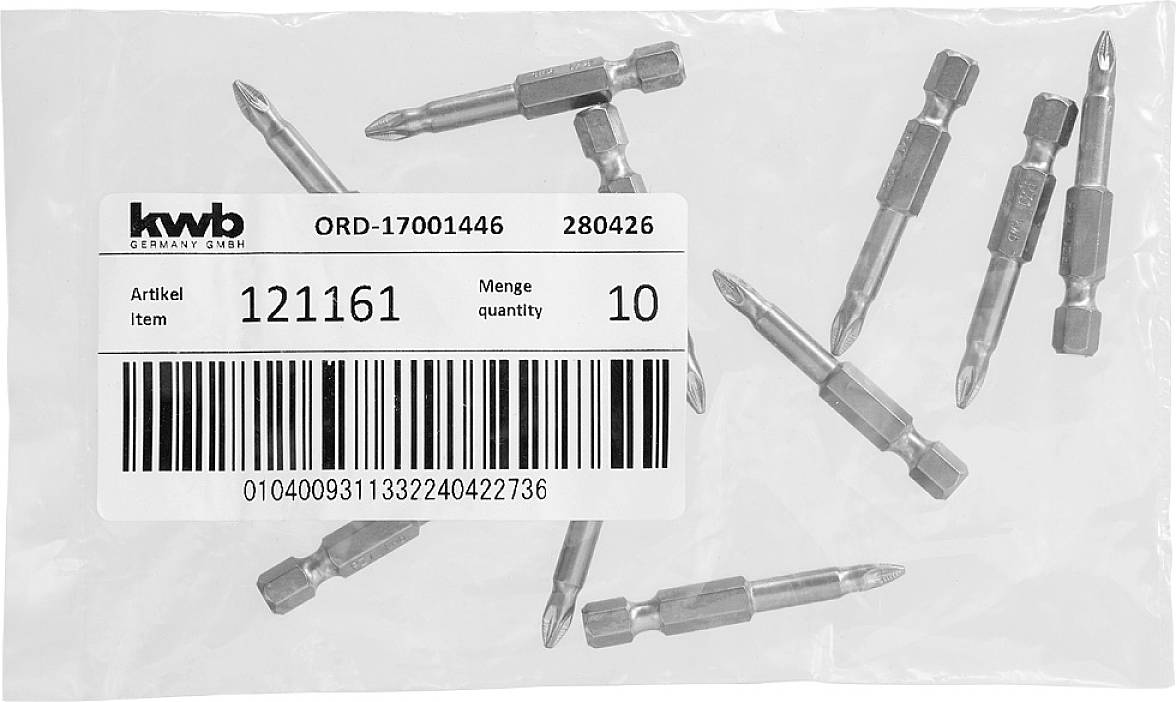 Bag with cross-head bits, Article number 121161, Quantity 10. Contains barcode and manufacturer information.