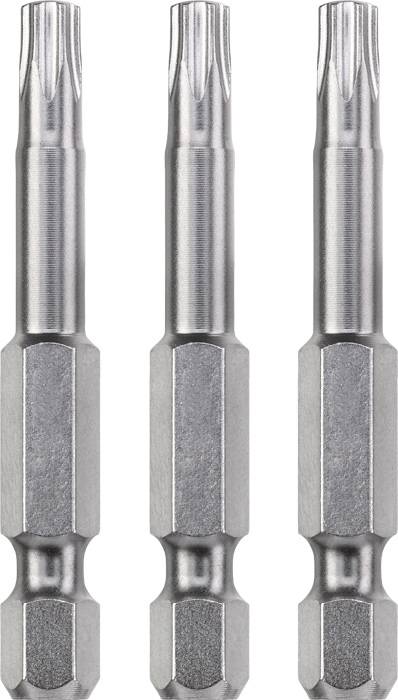 Three silver drill attachments in a vertical orientation. They have star-shaped tips and octagonal bases.