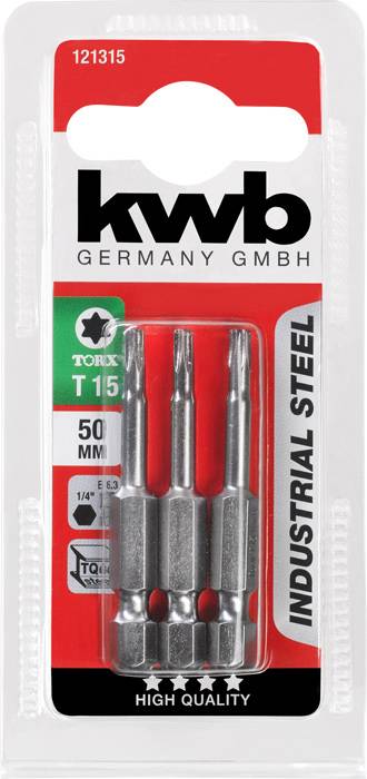 'Packaging containing three Torx bits, size T15, 50 mm in length, manufactured by KWB Germany. Suitable for industrial steel.'