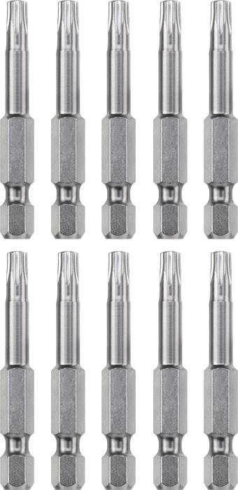 Ten identical silver screwdriver bits, evenly arranged in two rows, with the same shape and size.