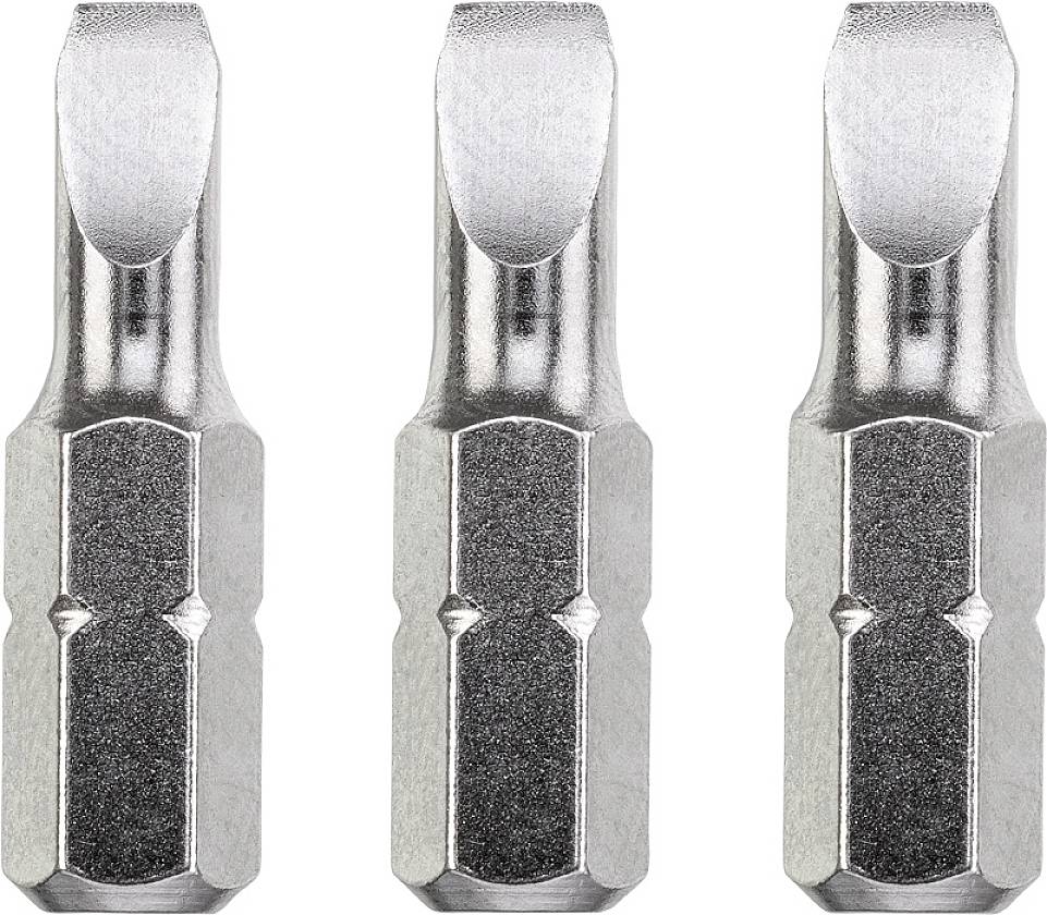 Three silver screwdriver bits lined up in a row, with flat heads and knurled handles, displaying their metallic surface.