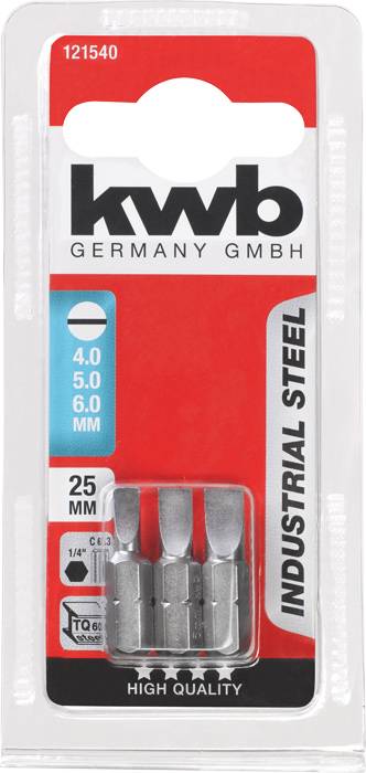 'kwb Germany GmbH' Screwdriver Bit Set, 3 Bits for Industrial Purposes, Sizes: 4.0 mm, 5.0 mm, 6.0 mm, Package Designed in Red and White.