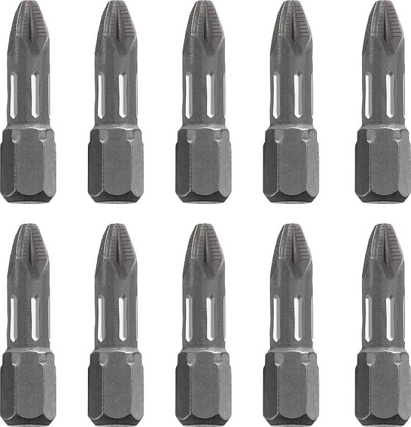 Ten metal screwdriver bits, evenly arranged in two rows, suitable for various screw head types.