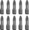 Ten metal screwdriver bits, evenly arranged in two rows, suitable for various screw head types.
