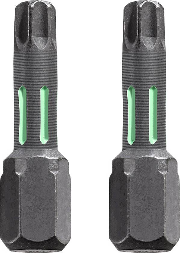 Two black, metallic drill bits with green accents, standing side by side.