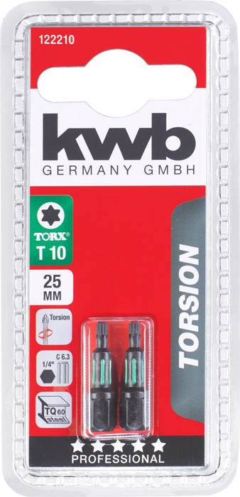 Packaging with two TORX T10 bits, 25 mm long, manufactured by 'kwb Germany GmbH'. Suitable for professional applications.