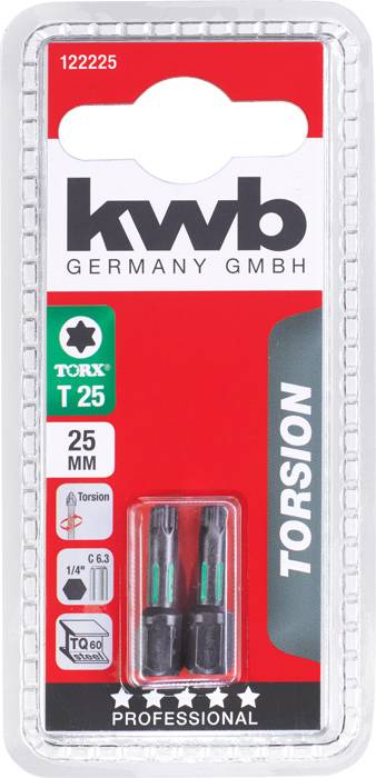Two 25 mm TORX T25 bits from 'kwb Germany GmbH' in one package, suitable for torsion applications. Contains information on size and compatibility.