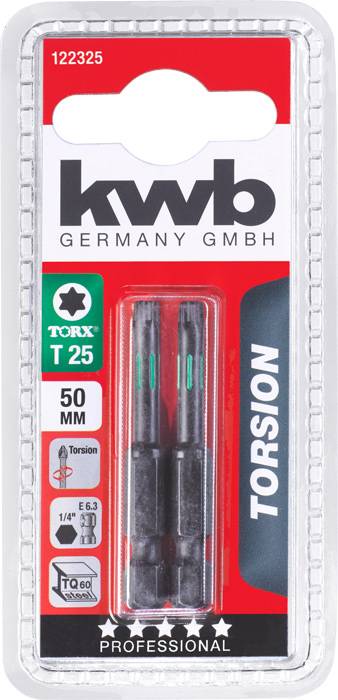 Packaging containing two Torx T25 torsion bits, 50 mm in length, with the brand name 'kwb' visible.