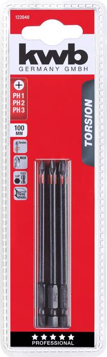 Packaging containing three black screwdriver bits in sizes PH1, PH2, PH3 from 'kwb', suitable for professional use.