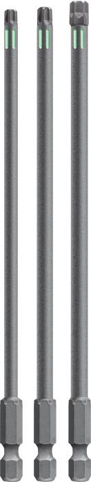 Three black screwdriver bits arranged vertically in a row, with green markings at their tips.