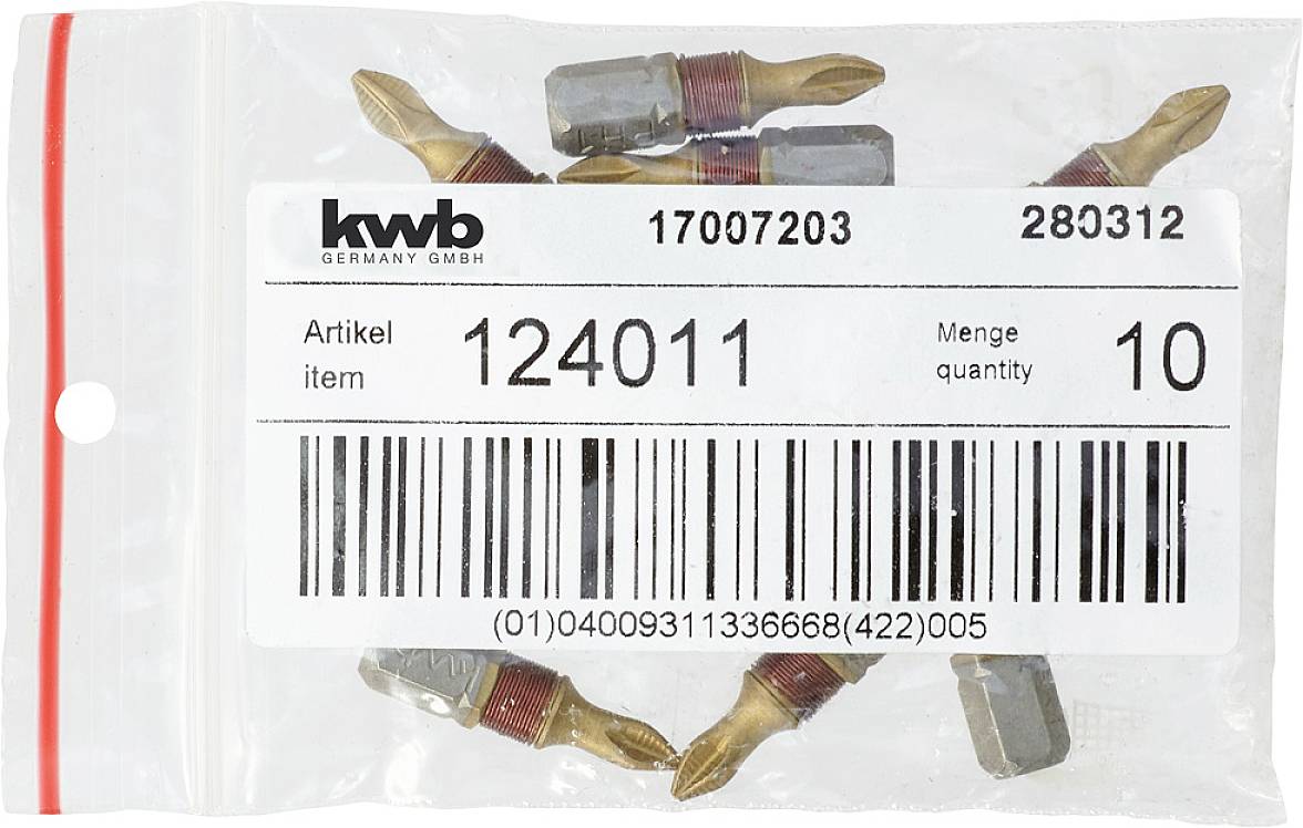 'Packet contains several screw attachments. Label shows article number 124011 and quantity 10.'