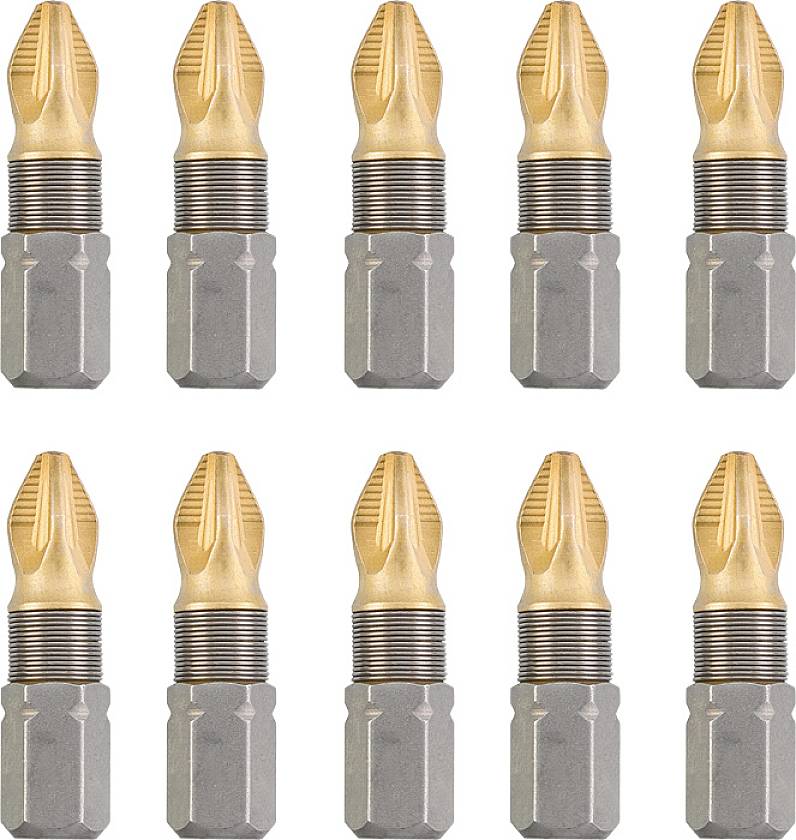 Ten golden drills, symmetrically arranged in two rows. The top and bottom are of equal length and have sharp edges.