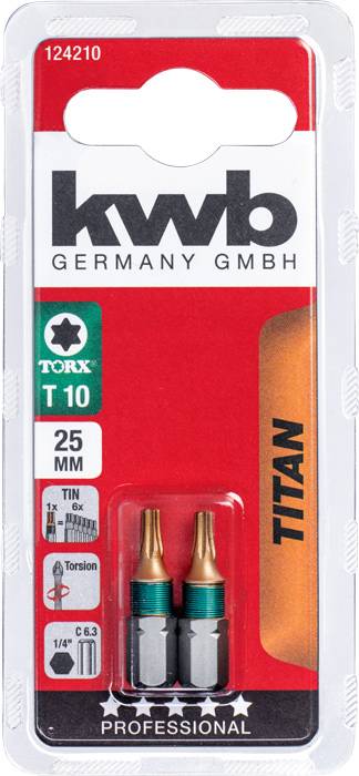 Two KWB Germany Torx screwdriver bits T10, 25 mm. Packaging is red with brand name, suitable for professional use.