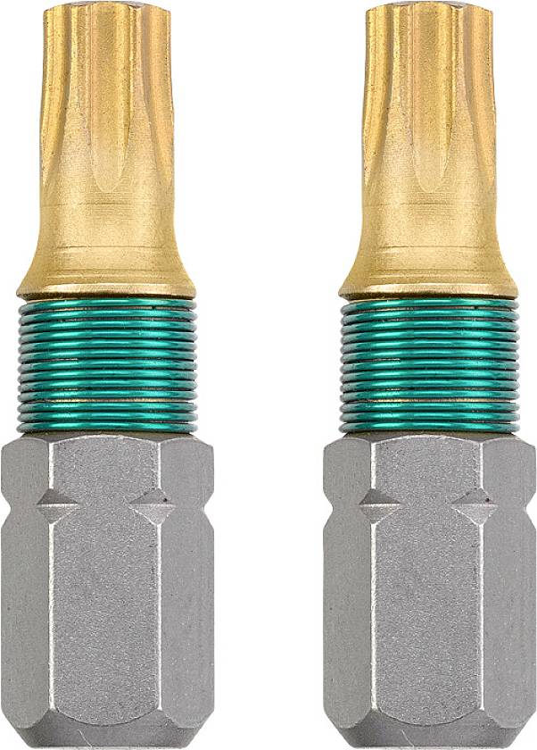 Two Torx bits made of metal, gold-tipped with blue threading, for screwdrivers. Ideal for precision work or DIY projects.